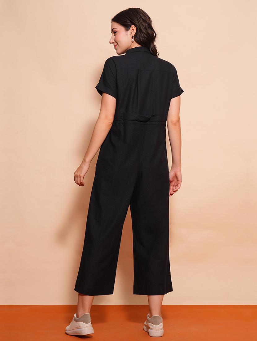 globus women black shirt collar waist tie-ups cargo style wide leg casual jumpsuit - 21554218 - Standard Image - 2