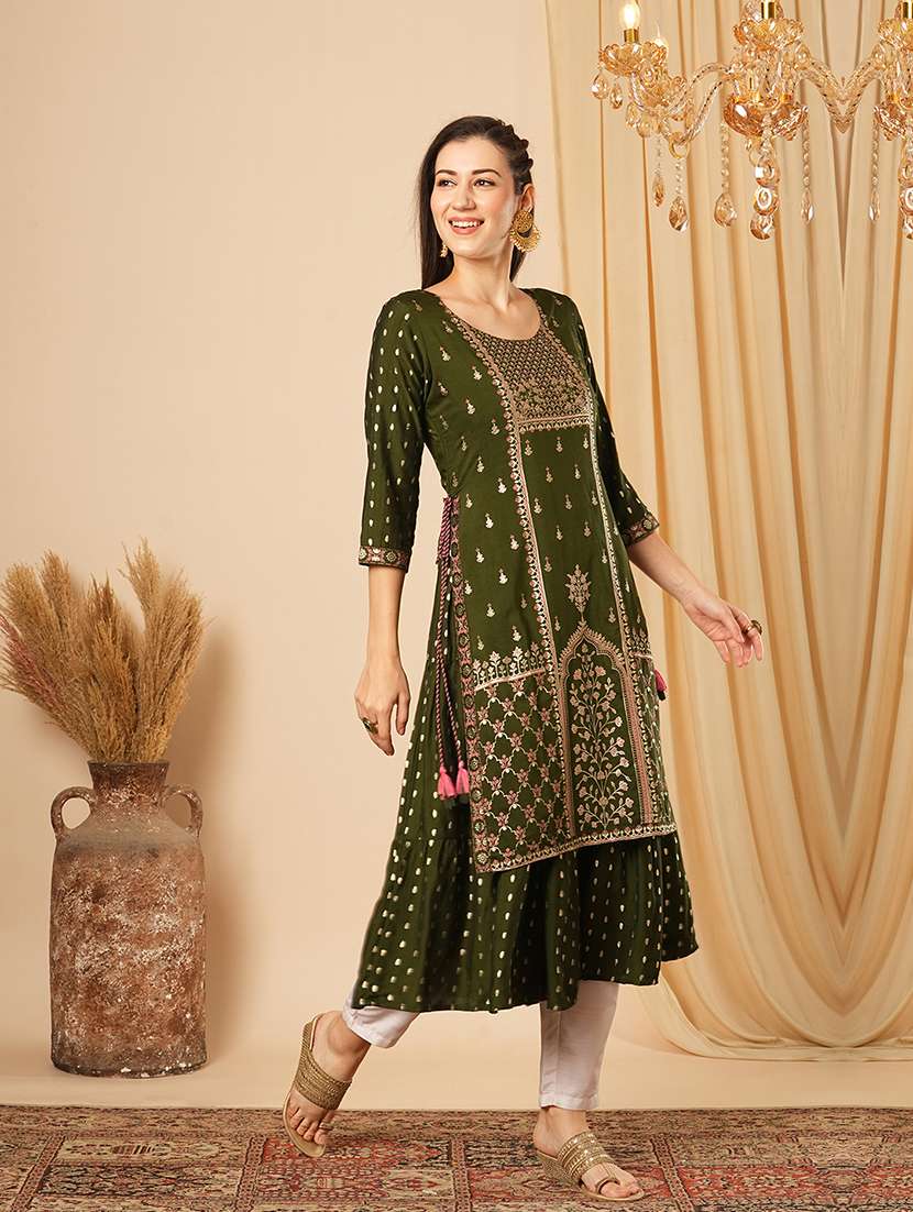 globus women green gold foil ethnic & floral print layered a-line festive kurta