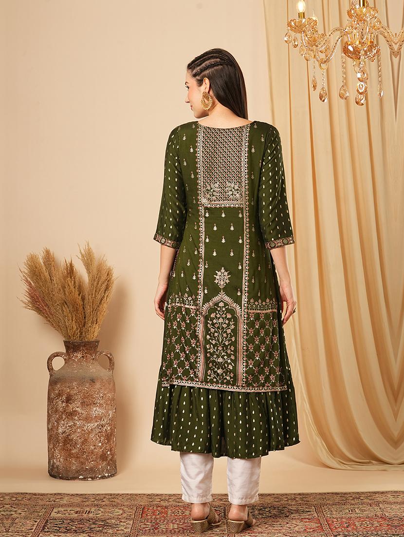 globus women green gold foil ethnic & floral print layered a-line festive kurta - 21554219 - Standard Image - 2