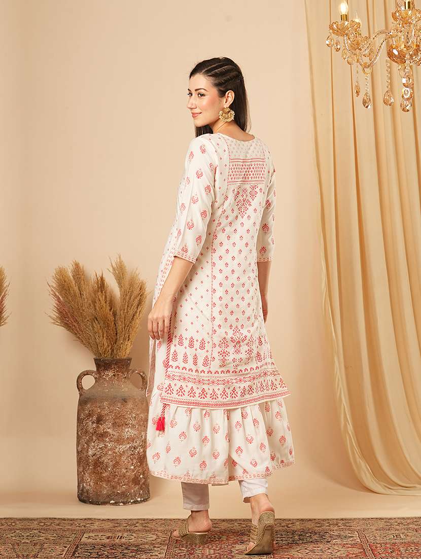 globus women off white gold foil ethnic print layered a-line festive kurta - 21554220 -  Standard Image - 2