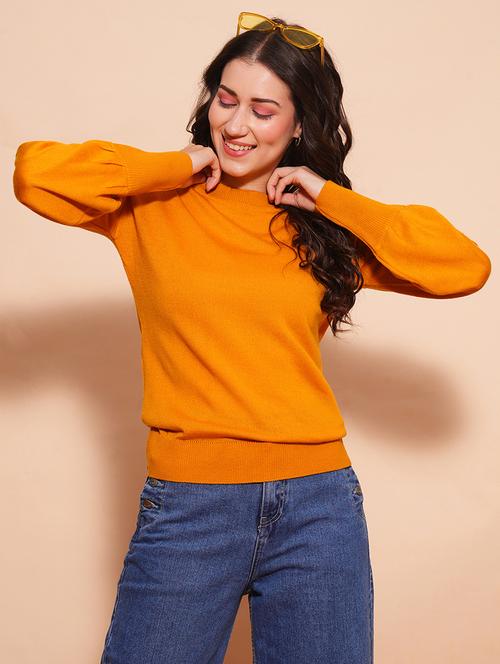 globus women mustard cotton bishop sleeves ribbed hem flat knitted pullover sweater - 21554274 - Standard Image - 0