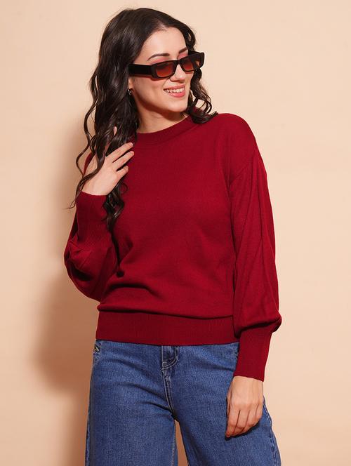 globus women maroon cotton bishop sleeves ribbed hem flat knitted pullover sweater - 21554275 - Standard Image - 0