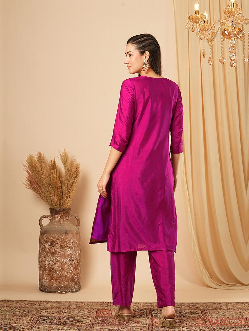 globus women magenta v-neck brocade gold ethnic motifs jaal print straight kurta with elasticated pants festive set - 21554281 - Standard Image - 2