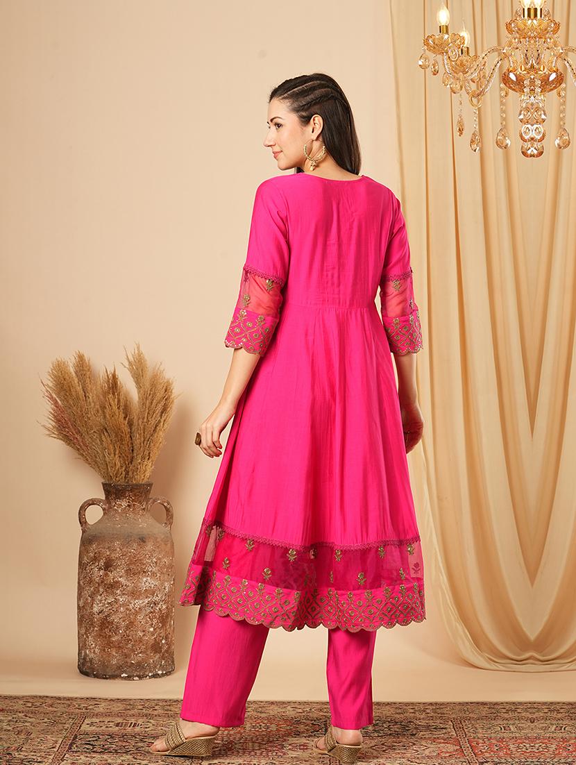 globus women pink sequinned & embroidered yoke panelled scalloped hem anarkali kurta with elasticated pants festive set - 21554282 - Standard Image - 2