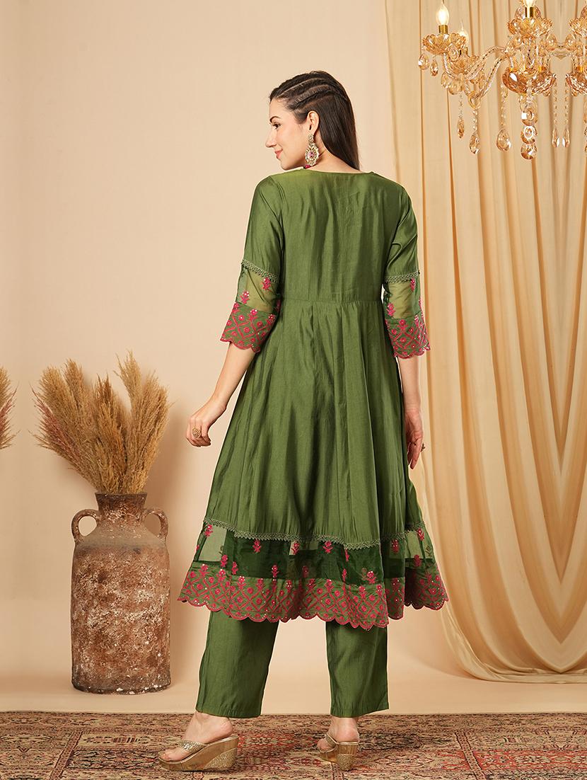 globus women green sequinned & embroidered yoke panelled scalloped hem anarkali kurta with elasticated pants festive set - 21554283 - Standard Image - 2