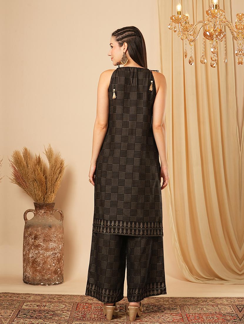 globus women black tie-up halter keyhole neck embroidery detail geometric polka dots straight kurta with palazzos festive set - 21554286 - Standard Image - 2