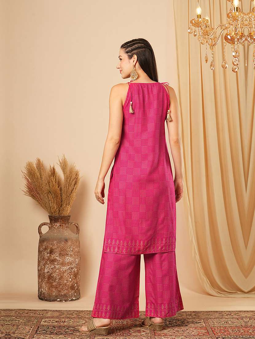 globus women pink tie-up halter keyhole neck embroidery detail geometric polka dots straight kurta with palazzos festive set - 21554287 -  Standard Image - 2