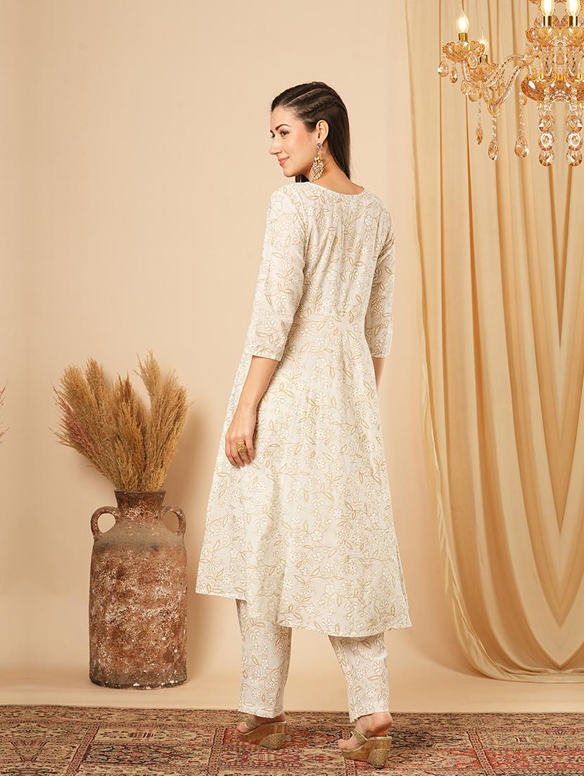 globus women white sequinned embroidered yoke allover floral print panelled anarkali kurta with narrow pants festive set - 21554288 - Standard Image - 2