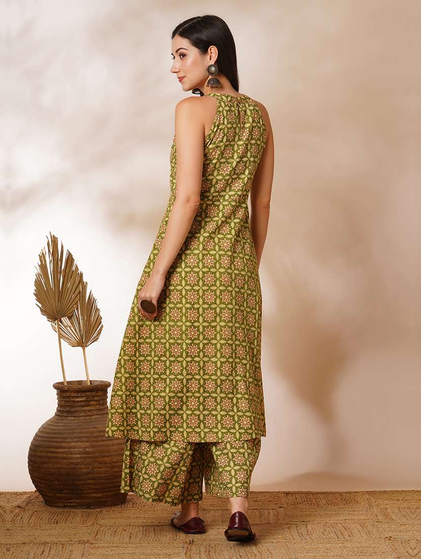 globus women green halter neck allover geometric printed workwear a-line kurta with elasticated pants - 21554292 - Standard Image - 2