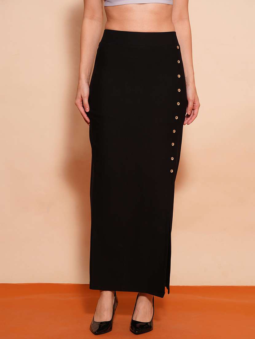 globus women black mid-rise side slit button detailing maxi pencil skirt