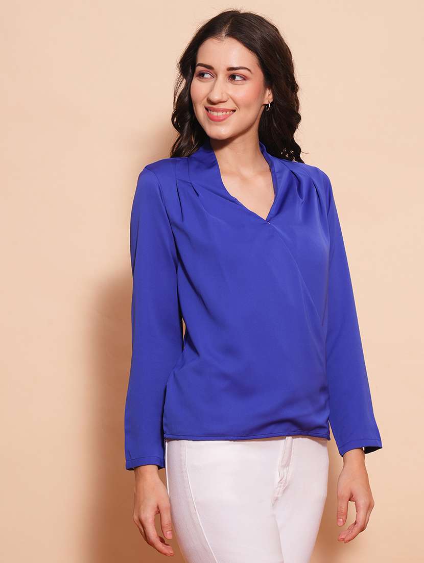 globus women blue v-neck long sleeves solid pleats detail workwear wrap top - 21554319 -  Standard Image - 2