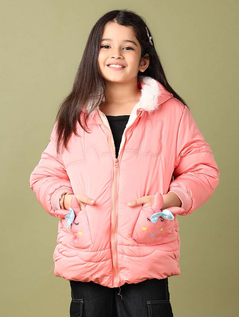 girls solid long sleeve hooded bomber jacket