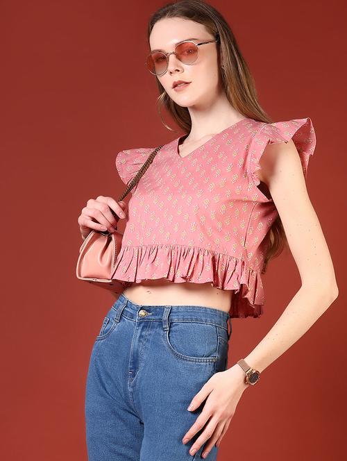 women printed flute sleeve crop top - 21554814 -  Standard Image - 0