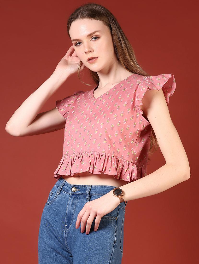 women printed flute sleeve crop top - 21554814 - Standard Image - 2