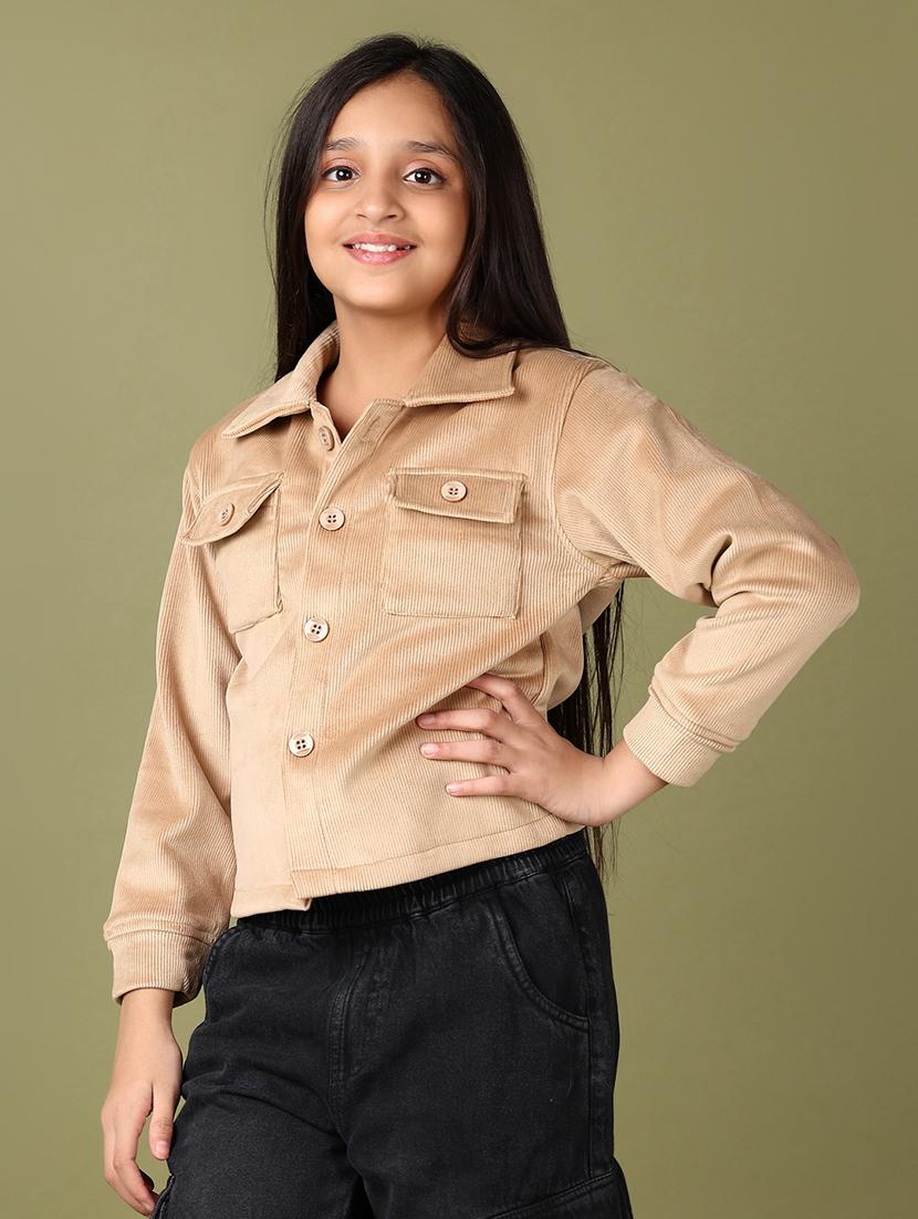 girls beige solid long sleeve jacket - 21554925 - Standard Image - 2