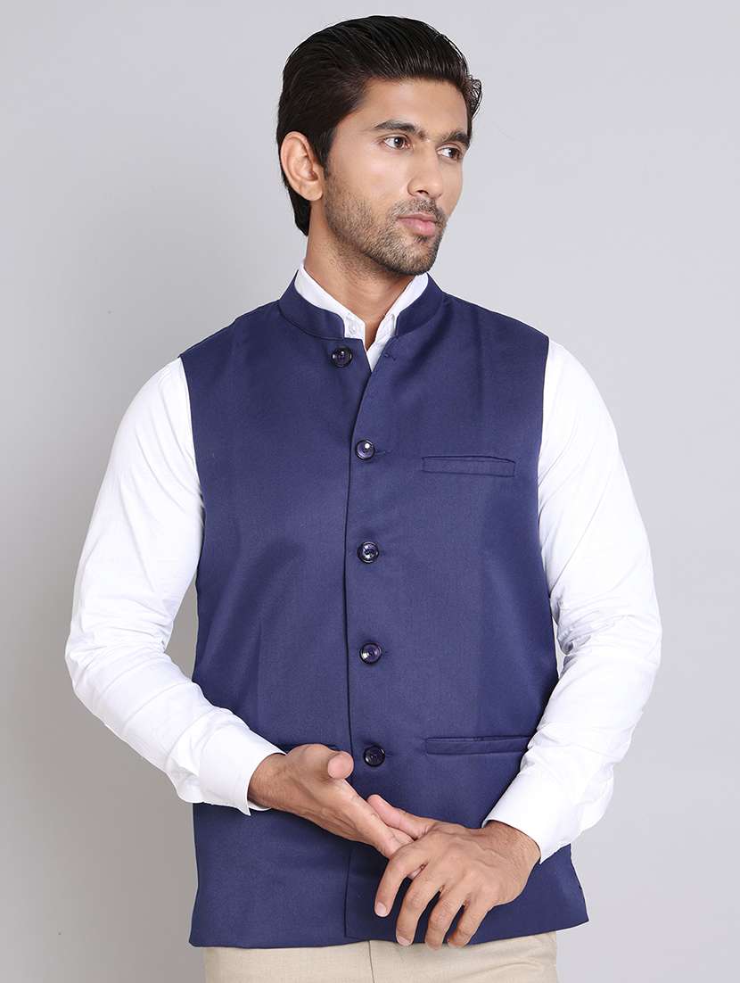 navy blue cotton blend nehru jacket