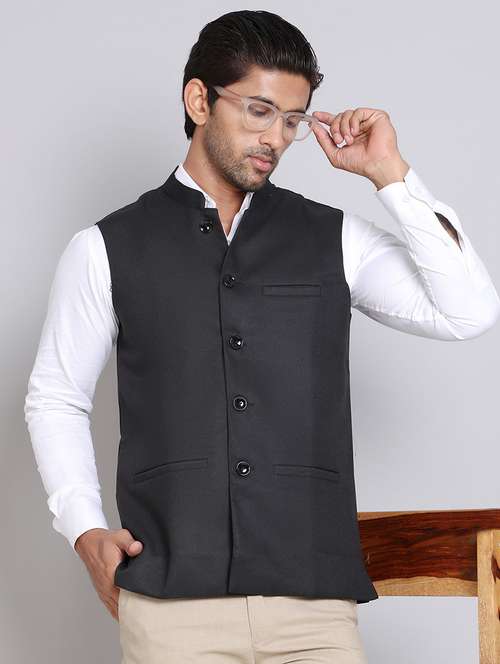 men mandarin neck solid nehru jacket - 21555193 - Standard Image - 0