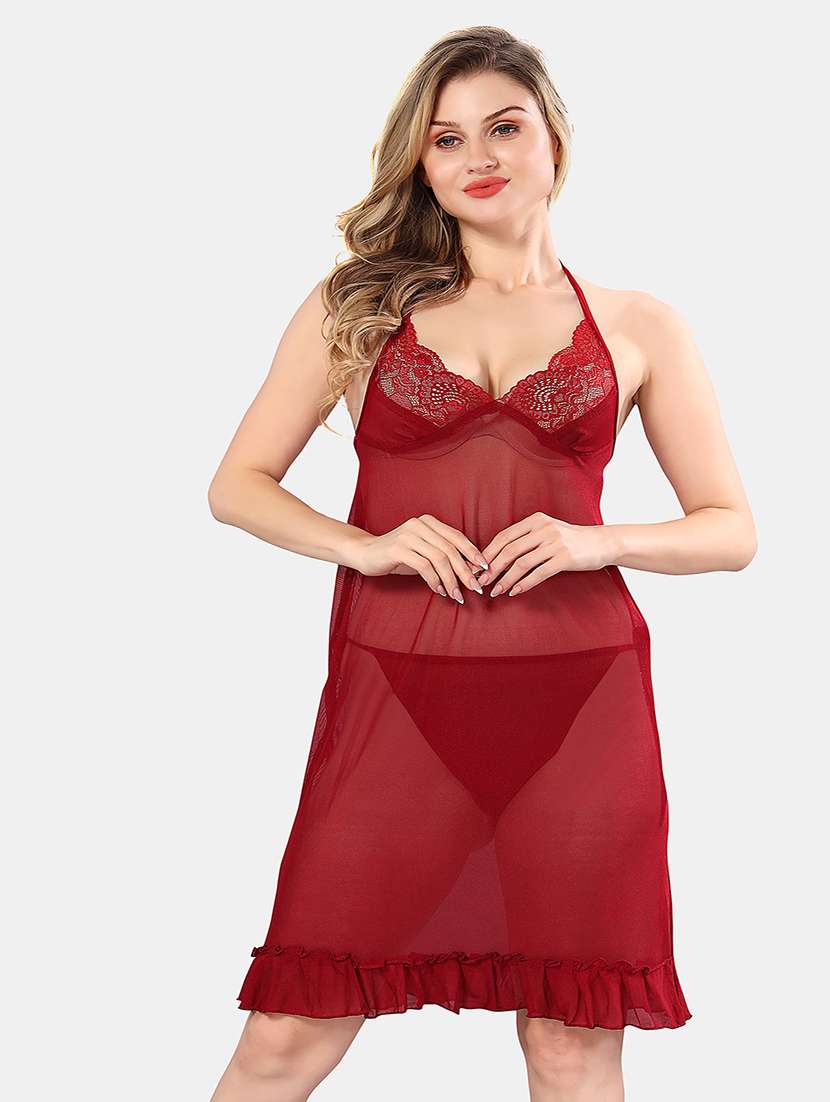 women solid lace deatiled babydoll 