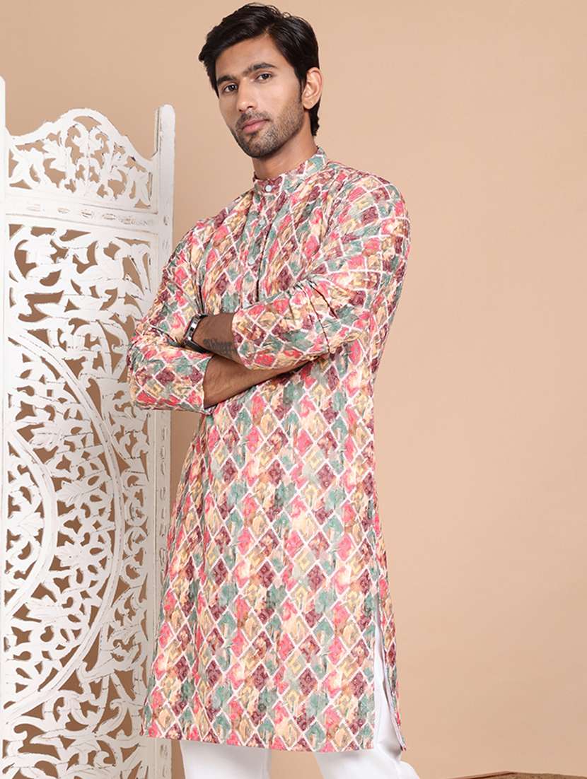 men mandarin neck embroidered long kurta - 21555451 - Standard Image - 2