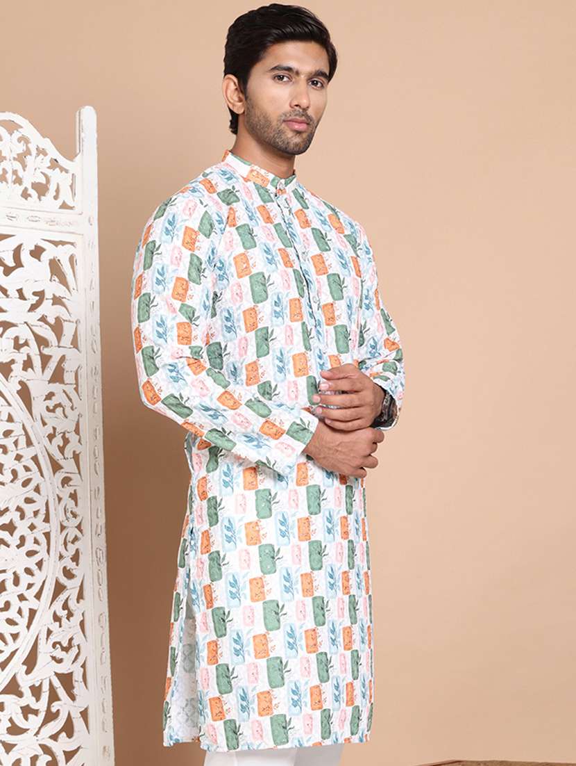 men mandarin neck printed long kurta - 21555452 - Standard Image - 2