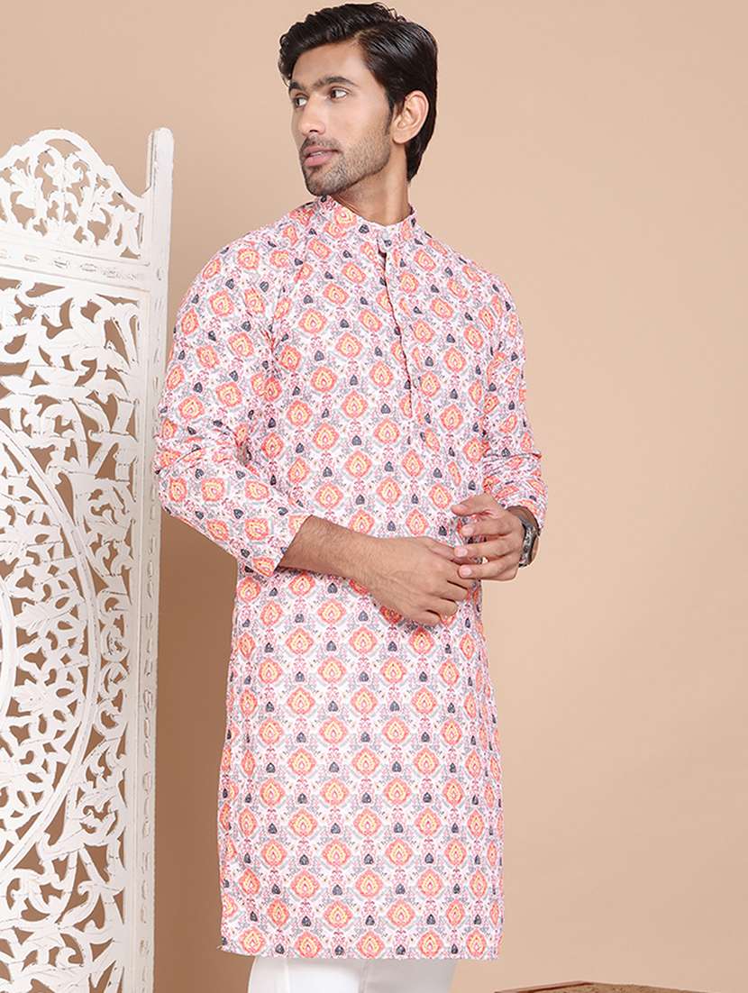 men mandarin neck printed long kurta