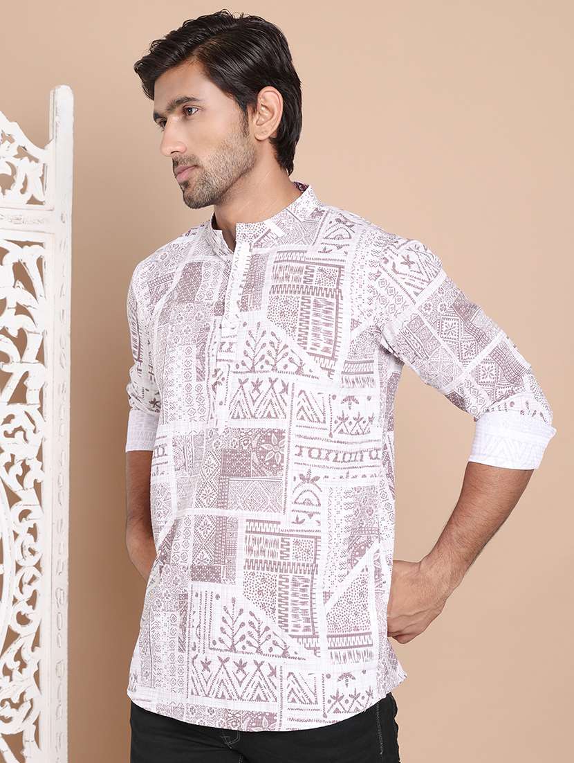men mandarin neck printed short kurta - 21555461 - Standard Image - 2