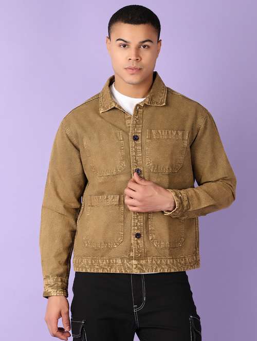 men khaki solid long sleeve shacket
