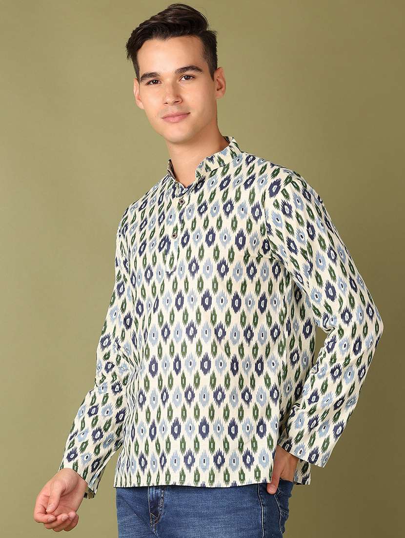 men ikat mandarin neck short kurta - 21555725 -  Standard Image - 2
