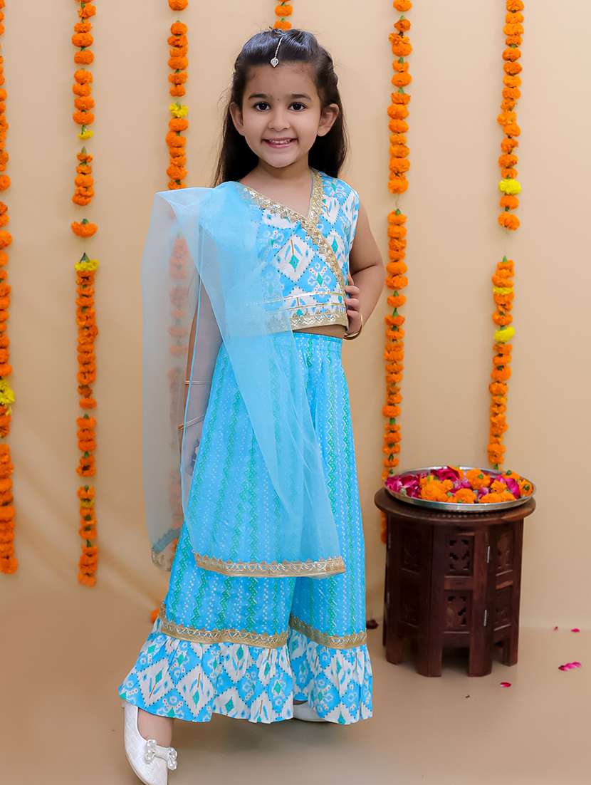 girls printed sleeveless lehenga choli set