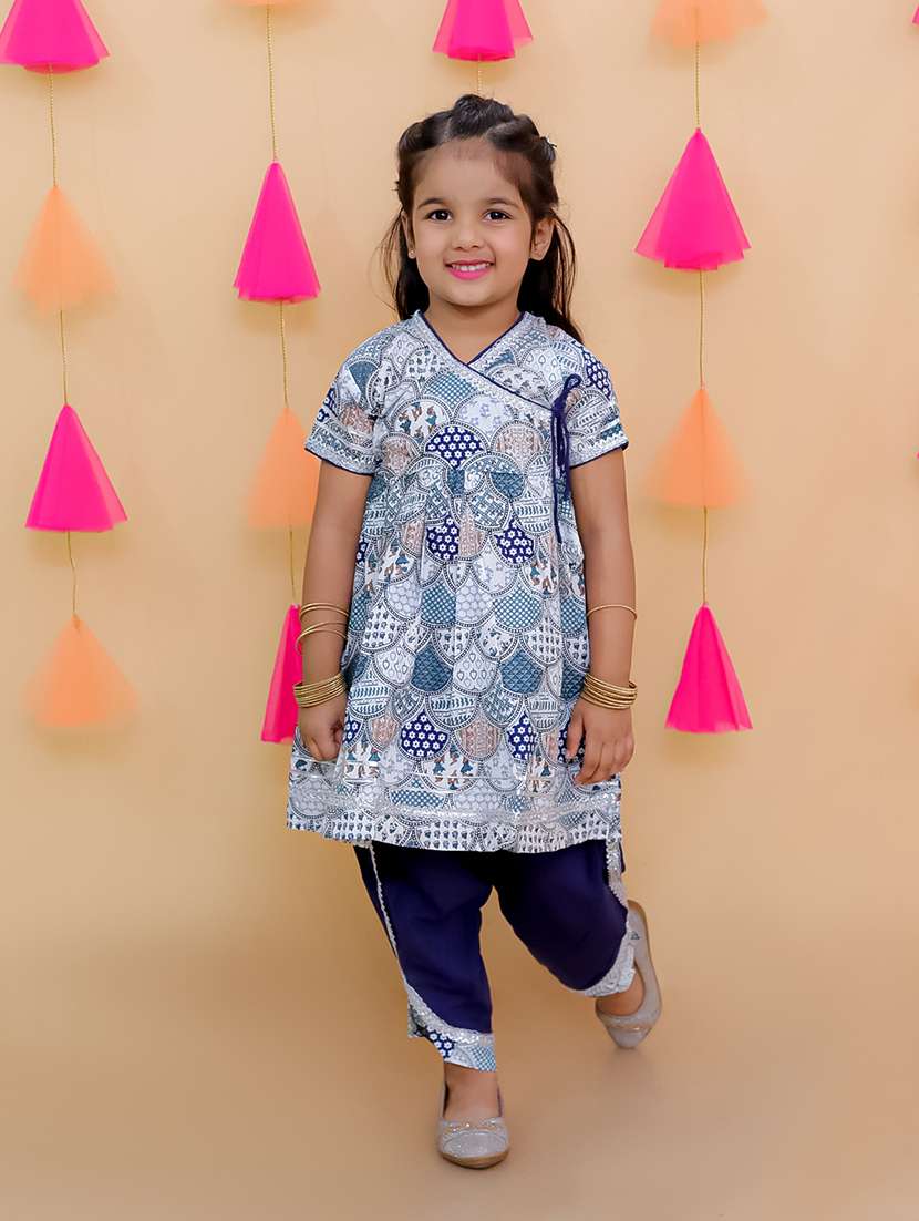 girls printed short sleeves kurta pant set