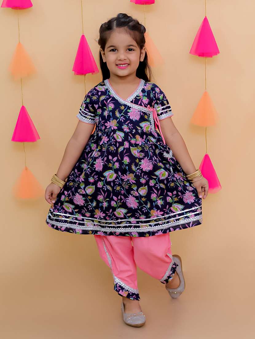 girls printed short sleeves kurta pant set
