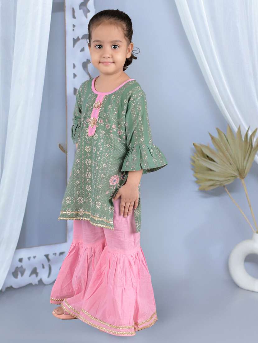 Girls Printed Bell Sleeves Kurta Sharara Set - 21555848 -  Standard Image - 2