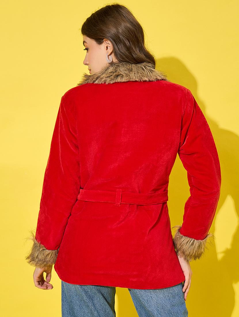 women solid long sleeves fur jacket - 21555872 - Standard Image - 2