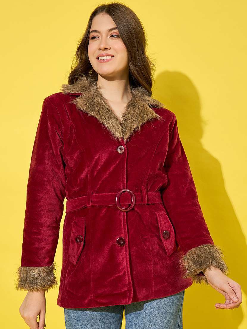 women solid long sleeves fur jacket - 21555873 -  Zoom Image - 0