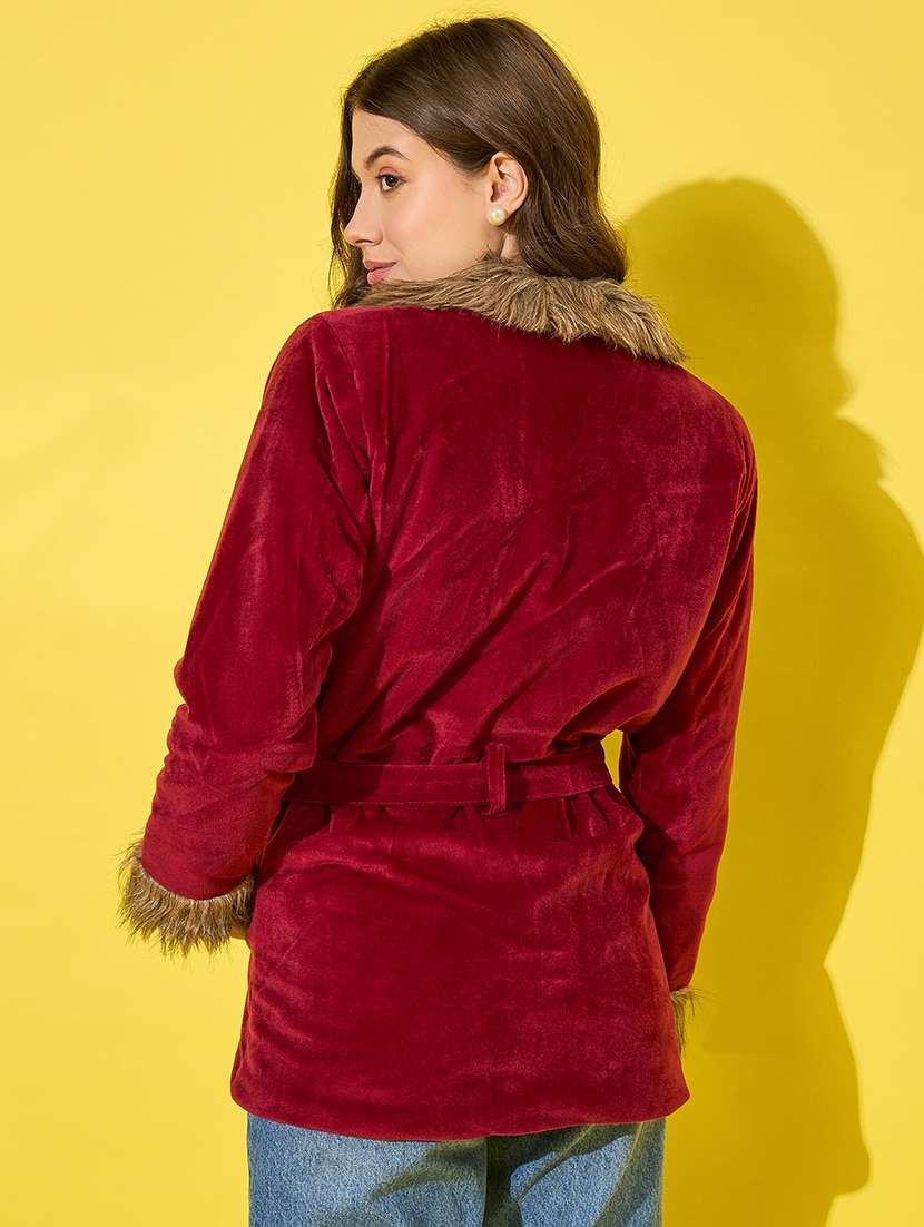 women solid long sleeves fur jacket - 21555873 - Standard Image - 2