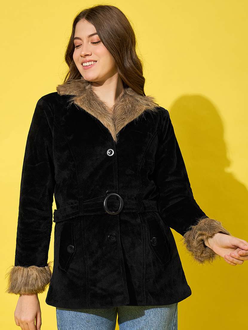 women solid long sleeves fur jacket - 21555874 -  Zoom Image - 0
