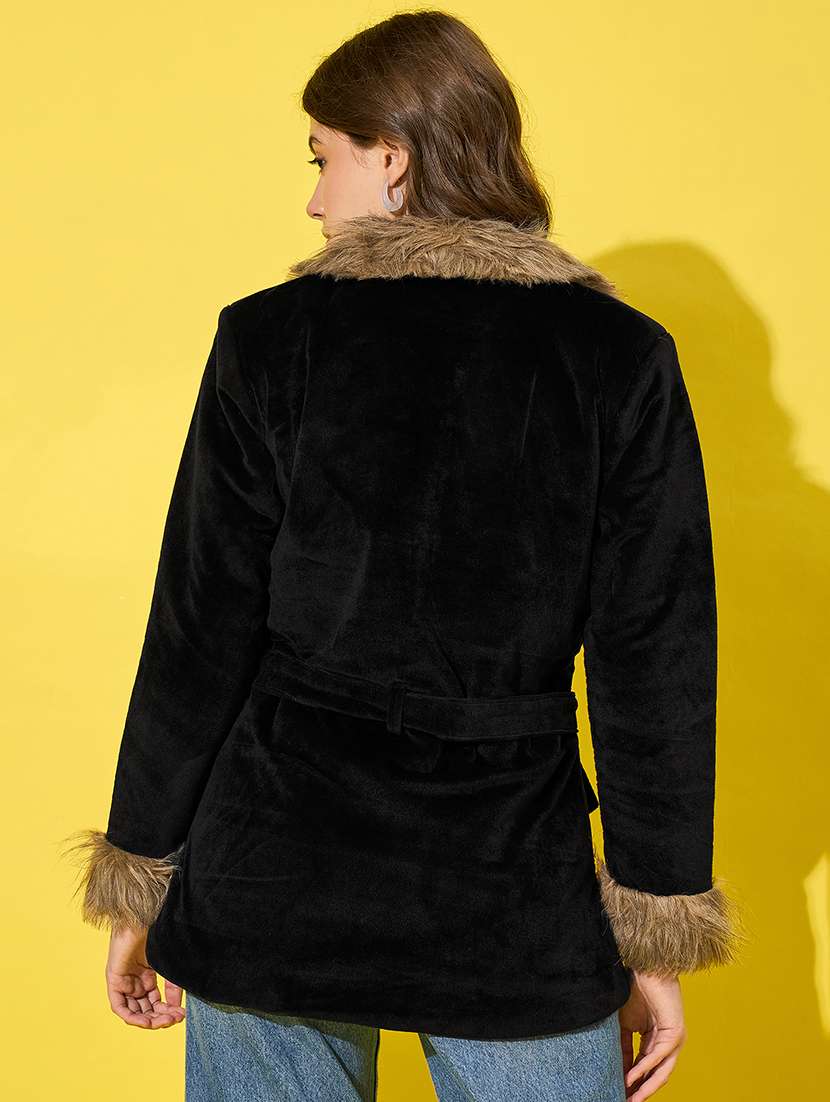 women solid long sleeves fur jacket - 21555874 - Standard Image - 2