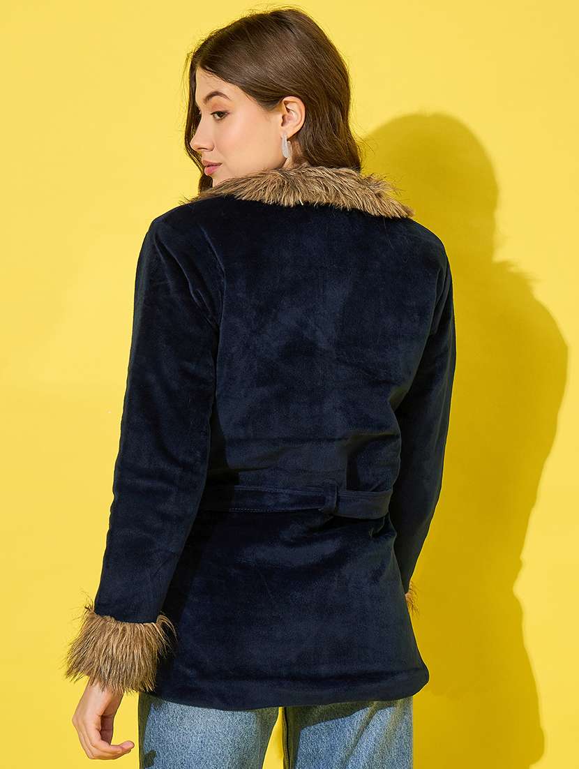 women solid long sleeves fur jacket - 21555875 -  Standard Image - 2