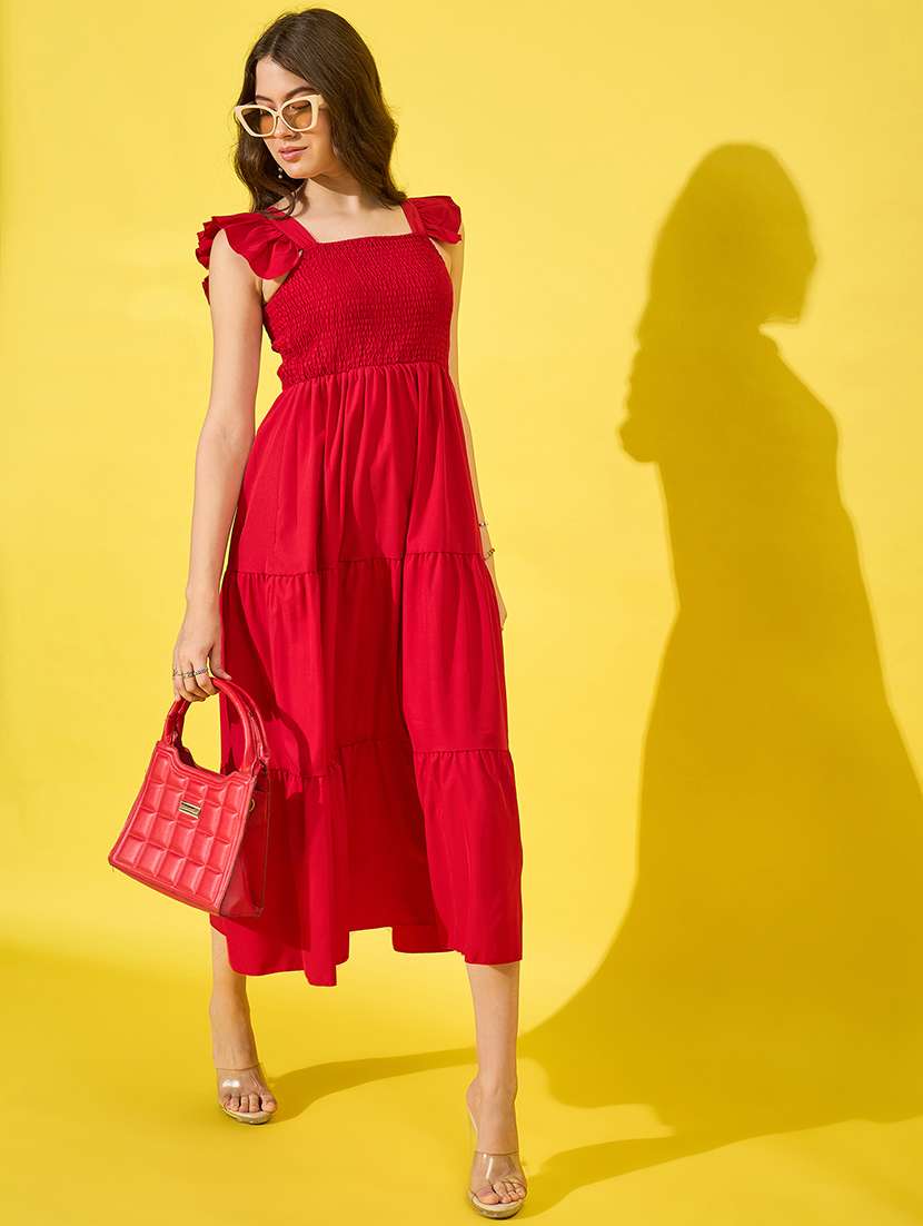 women solid square neck tiered dress