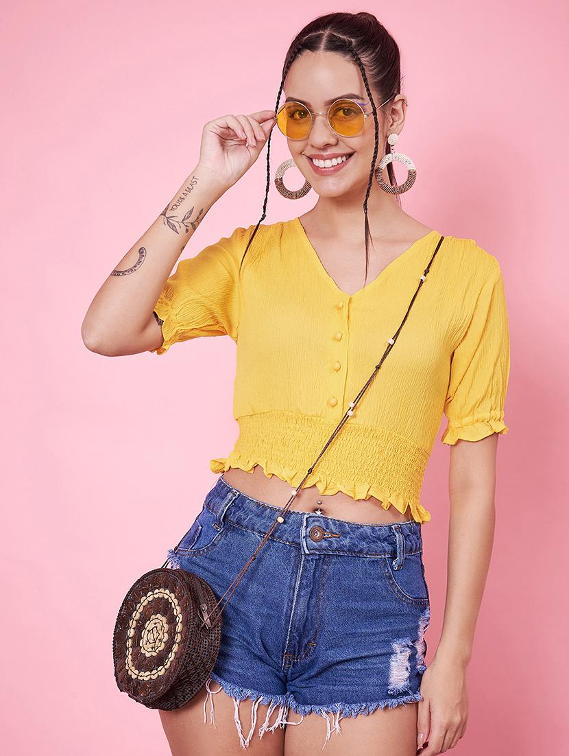 women solid v neck crop top - 21555929 - Standard Image - 2