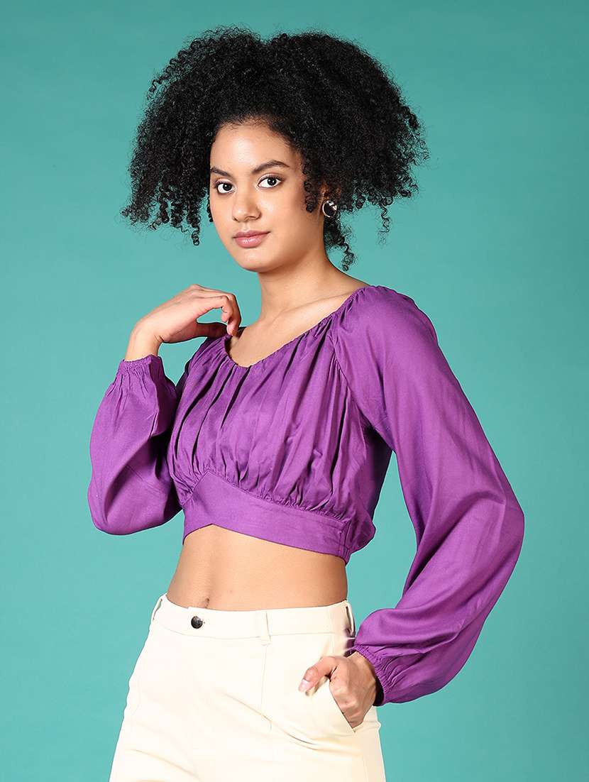 women solid long sleeve crop top - 21556140 -  Standard Image - 2
