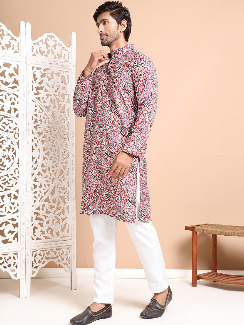 men mandarin neck printed kurta pyjama set - 21556440 - Standard Image - 2