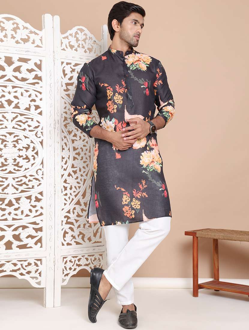 men mandarin neck floral printed kurta pyjama set