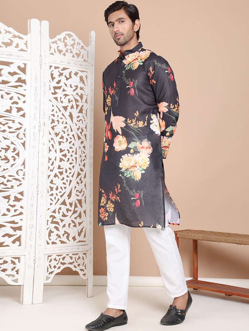 men mandarin neck floral printed kurta pyjama set - 21556441 - Standard Image - 2