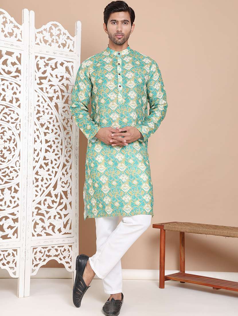men mandarin neck printed kurta pyjama set