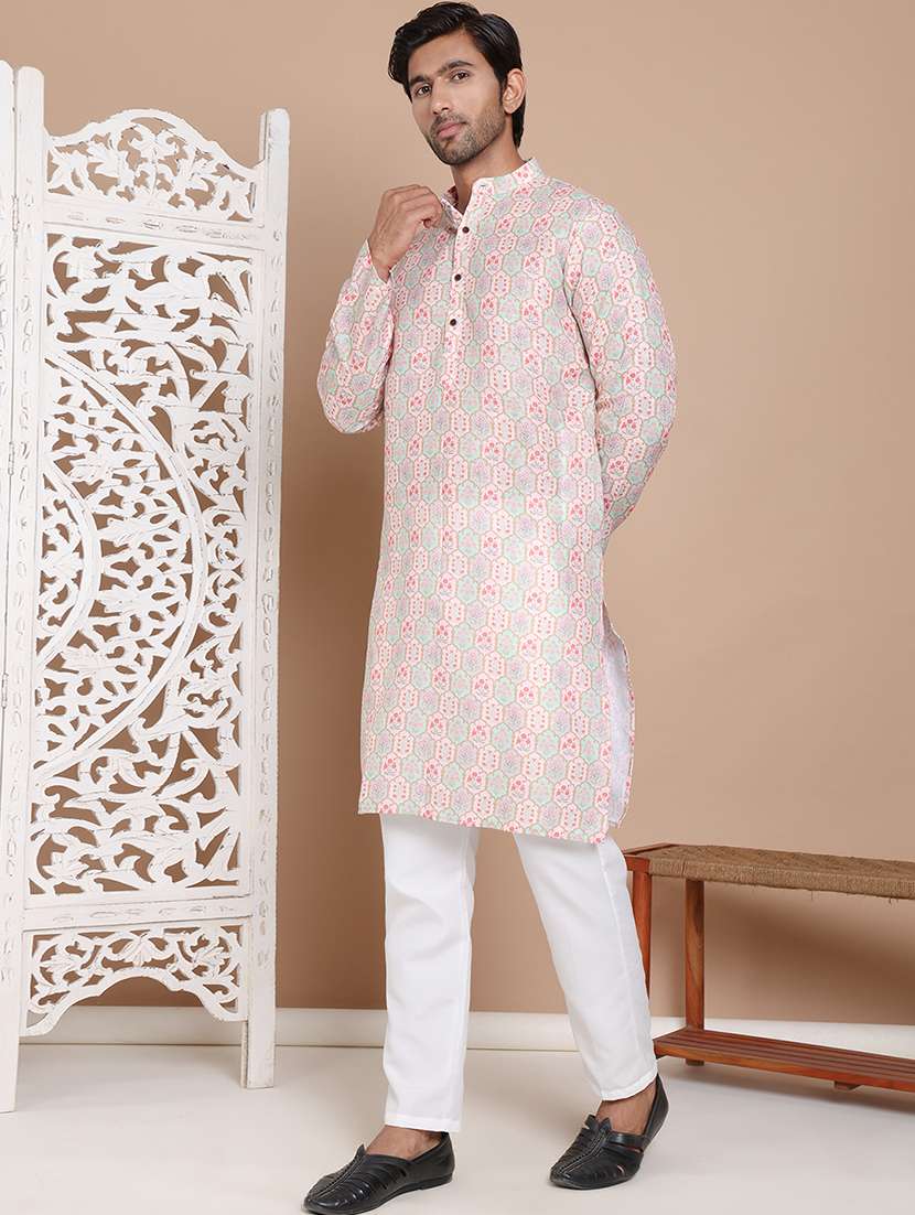 men mandarin neck printed kurta pyjama set - 21556444 -  Standard Image - 2