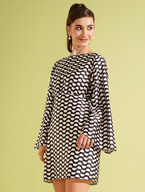 globus women black & white boat neck flared long sleeves satin a-line mini party dress - 21556962 -  Standard Image - 0