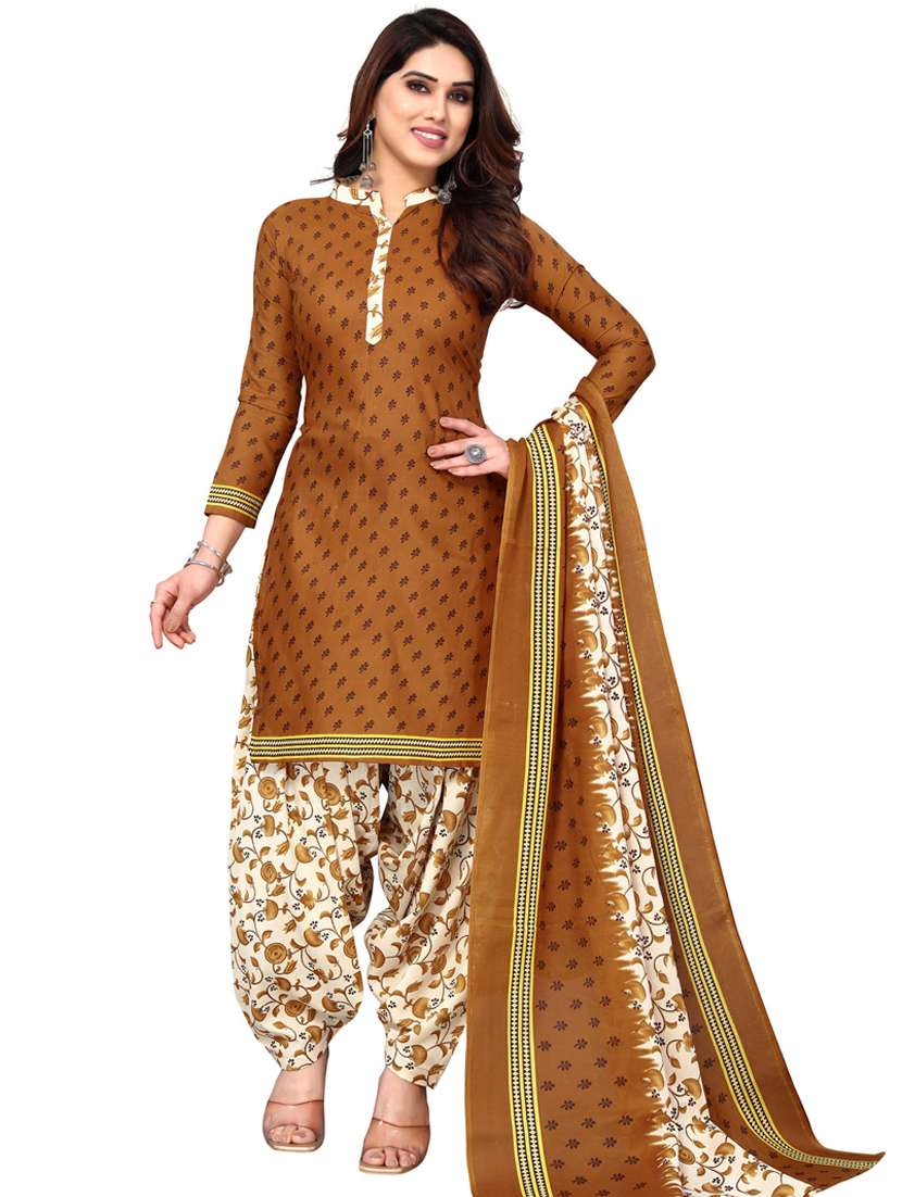 women brown printed unstitched suit