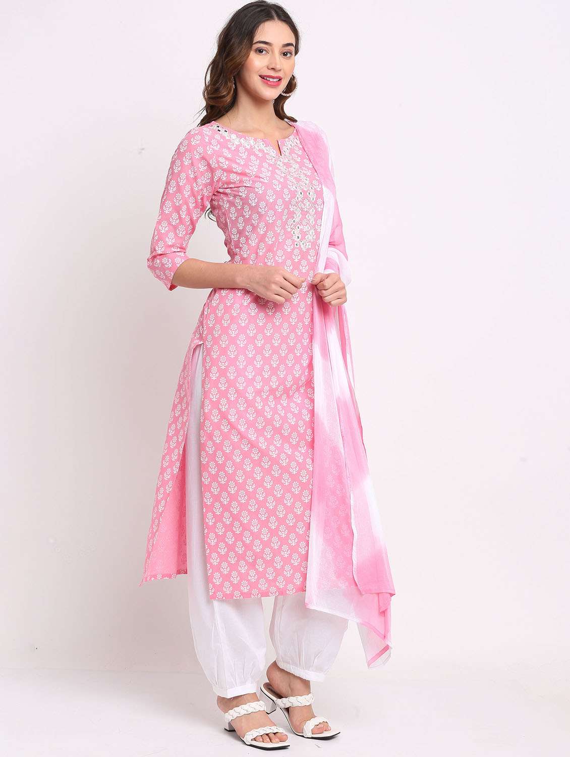 women three quarter sleeve kurta salwar with dupatta set - 21558338 - Standard Image - 2