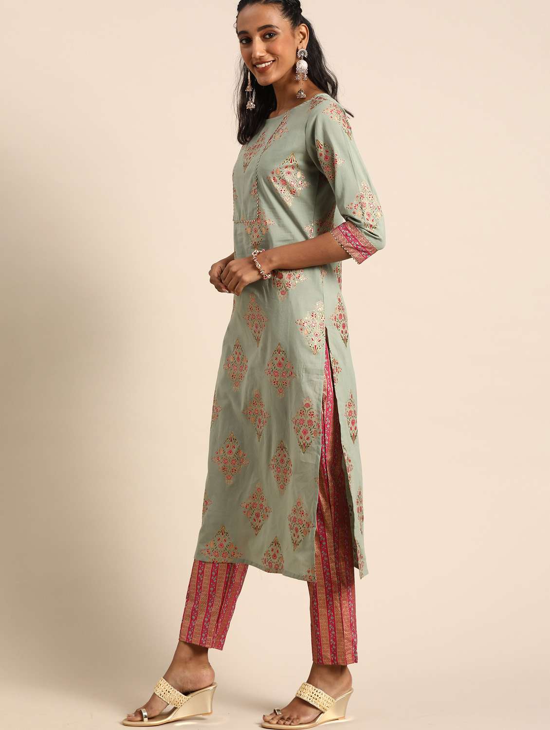 women printed three quarter sleeves suit set - 21558387 -  Standard Image - 2